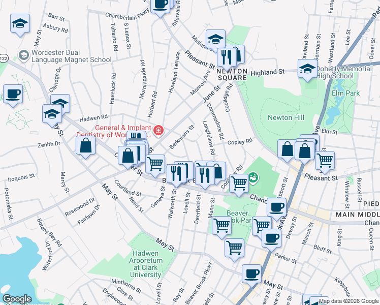 map of restaurants, bars, coffee shops, grocery stores, and more near 426 Lovell Street in Worcester