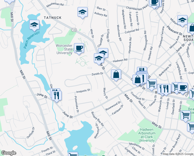 map of restaurants, bars, coffee shops, grocery stores, and more near 14 Zenith Drive in Worcester