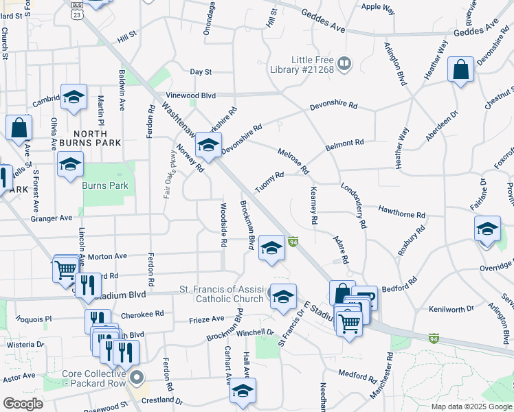 map of restaurants, bars, coffee shops, grocery stores, and more near 2105 Brockman Boulevard in Ann Arbor