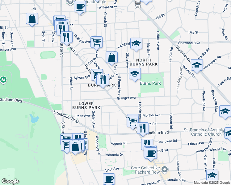 map of restaurants, bars, coffee shops, grocery stores, and more near 1312 South Forest Avenue in Ann Arbor