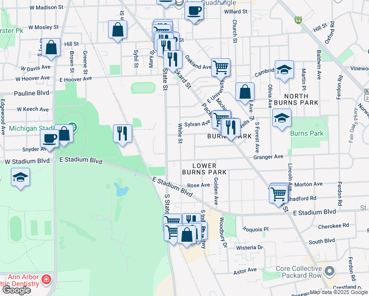 map of restaurants, bars, coffee shops, grocery stores, and more near 804 Dewey Avenue in Ann Arbor