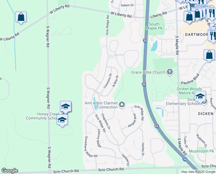 map of restaurants, bars, coffee shops, grocery stores, and more near 1311 Timmins Drive in Ann Arbor