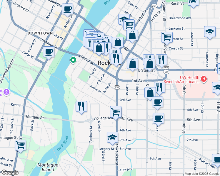 map of restaurants, bars, coffee shops, grocery stores, and more near 225 South 3rd Street in Rockford