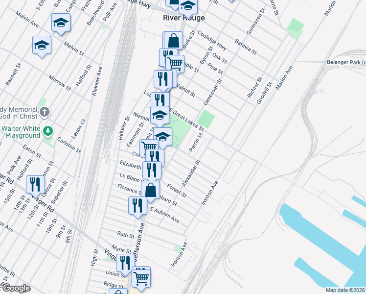 map of restaurants, bars, coffee shops, grocery stores, and more near 377 Genessee Street in River Rouge