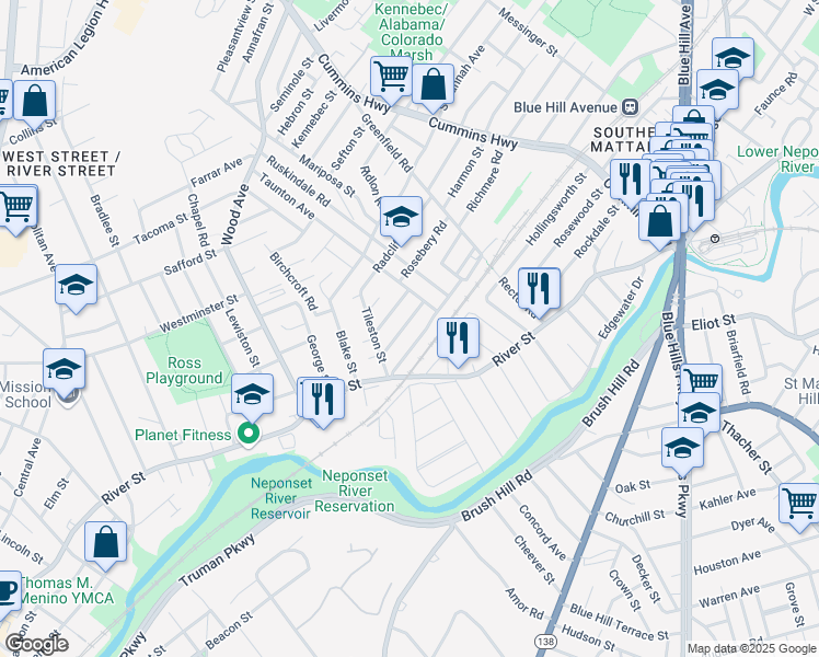 map of restaurants, bars, coffee shops, grocery stores, and more near 44 Rosemont Street in Boston