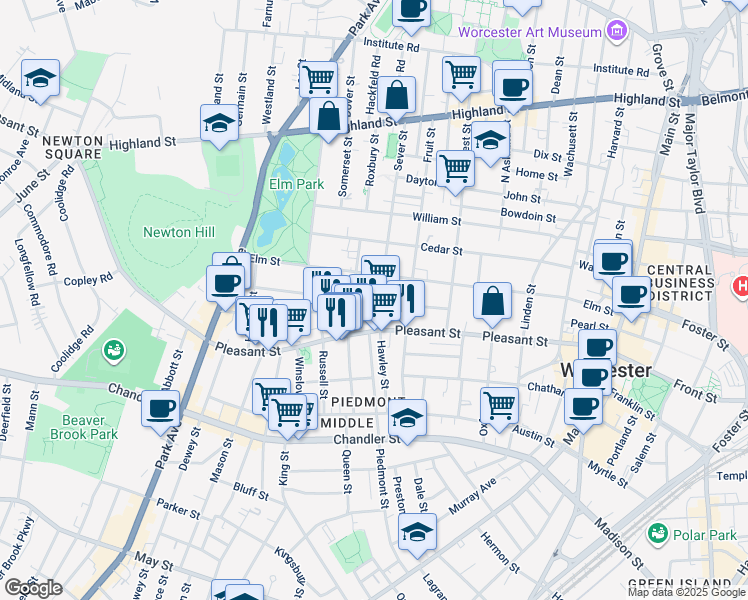 map of restaurants, bars, coffee shops, grocery stores, and more near 11 Sever Street in Worcester
