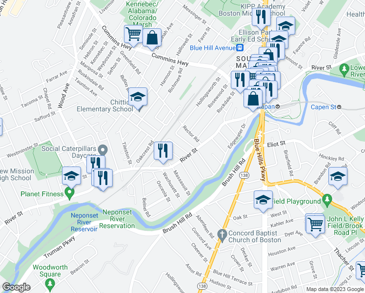 map of restaurants, bars, coffee shops, grocery stores, and more near 21 Alpine Street in Boston