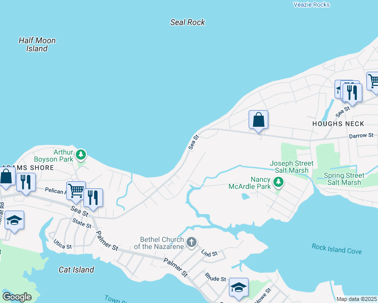 map of restaurants, bars, coffee shops, grocery stores, and more near 752 Sea Street in Quincy