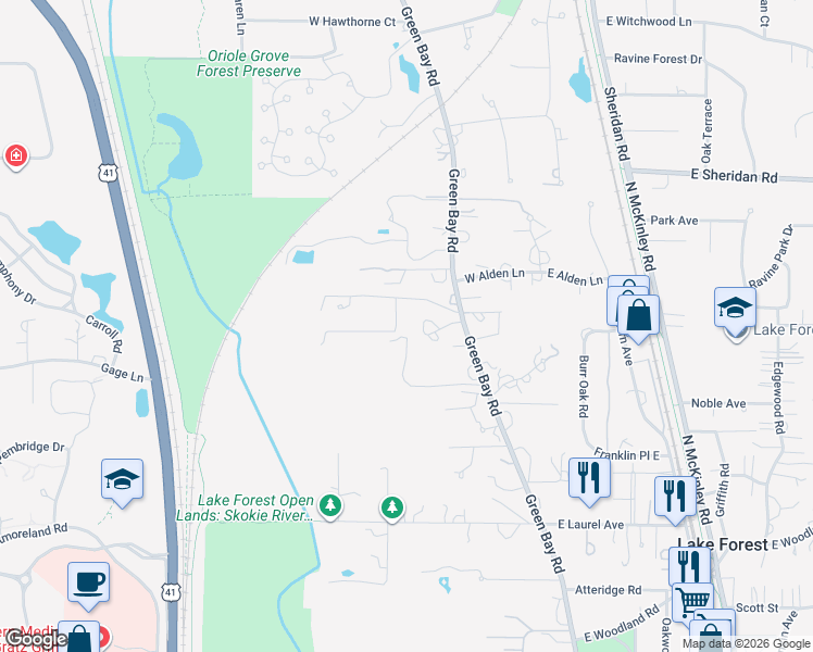 map of restaurants, bars, coffee shops, grocery stores, and more near 1302 Green Bay Road in Lake Forest