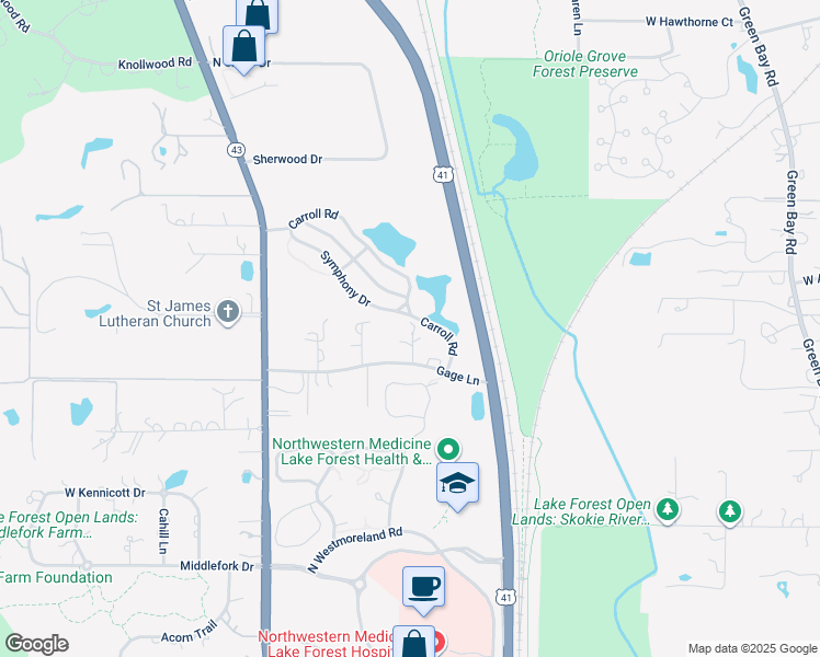 map of restaurants, bars, coffee shops, grocery stores, and more near 780 Gage Lane in Lake Forest