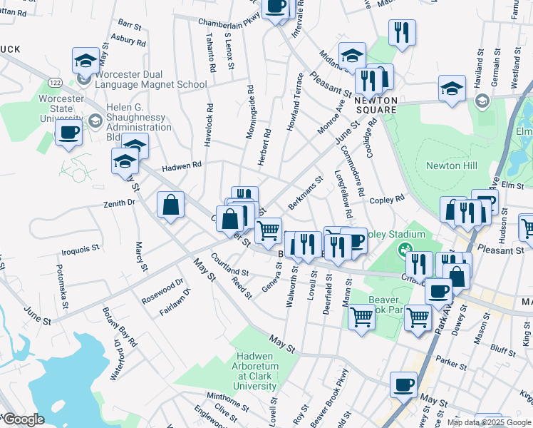 map of restaurants, bars, coffee shops, grocery stores, and more near in Worcester