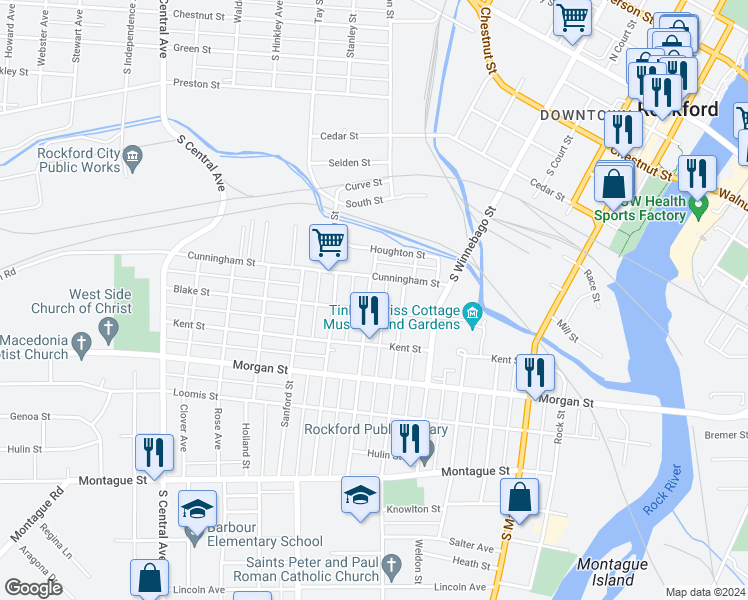 map of restaurants, bars, coffee shops, grocery stores, and more near 824 Ferguson Street in Rockford