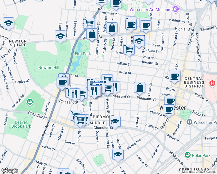 map of restaurants, bars, coffee shops, grocery stores, and more near 6 Sever Street in Worcester