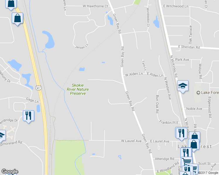 map of restaurants, bars, coffee shops, grocery stores, and more near 1302 Green Bay Road in Lake Forest