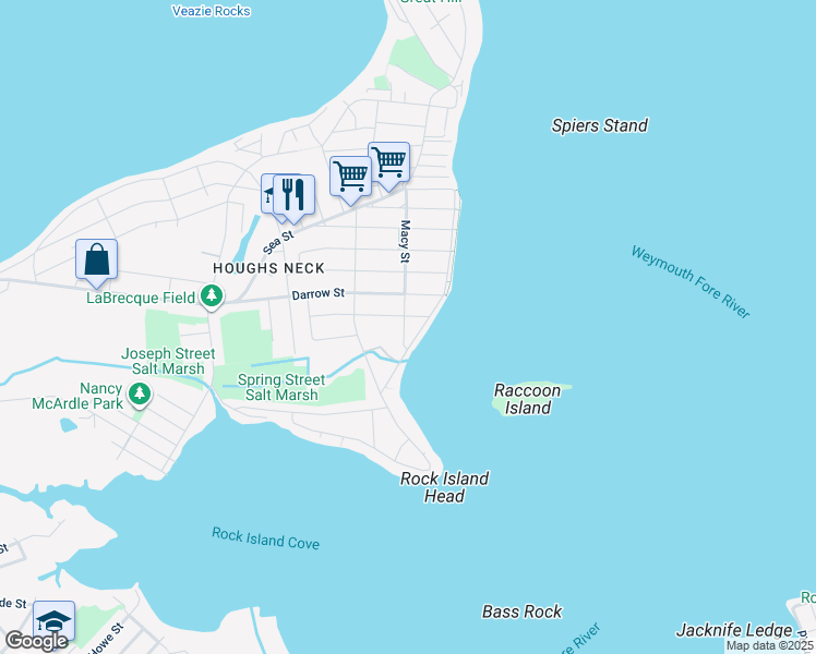 map of restaurants, bars, coffee shops, grocery stores, and more near 118 Macy Street in Quincy