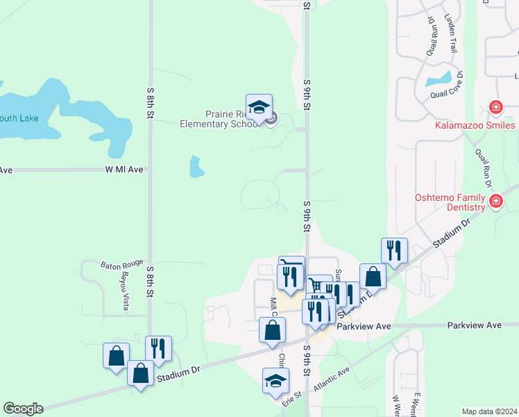 map of restaurants, bars, coffee shops, grocery stores, and more near Bluestone Circle in Kalamazoo