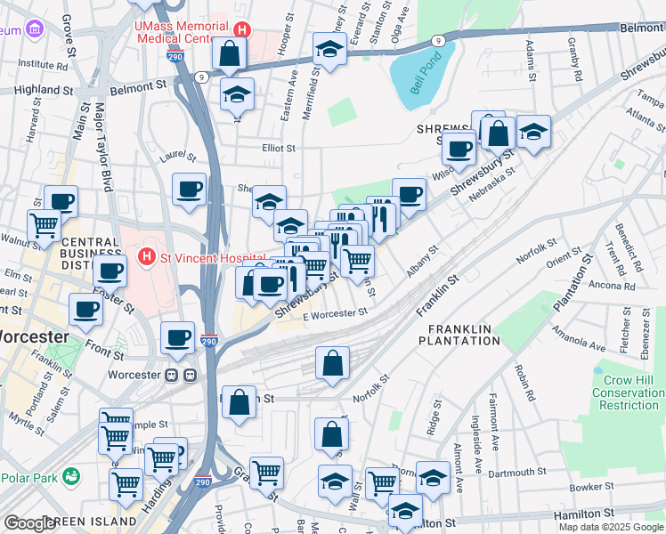 map of restaurants, bars, coffee shops, grocery stores, and more near 154 Shrewsbury Street in Worcester