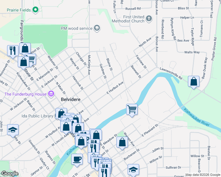 map of restaurants, bars, coffee shops, grocery stores, and more near 635 East Madison Street in Belvidere