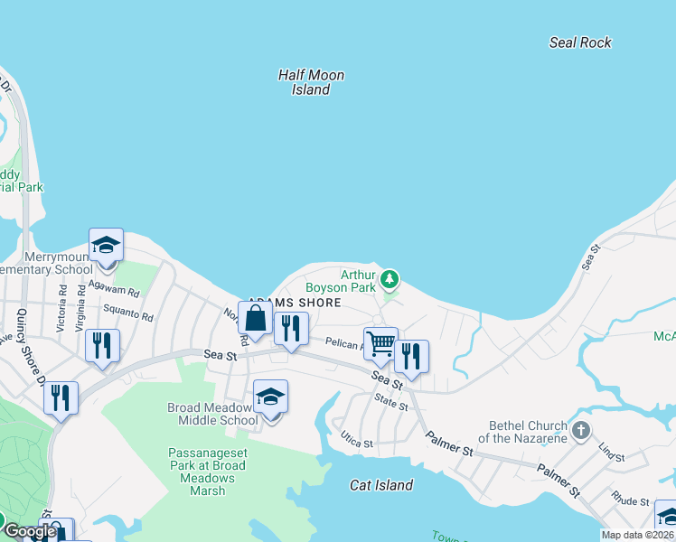 map of restaurants, bars, coffee shops, grocery stores, and more near 52 Shellton Road in Quincy
