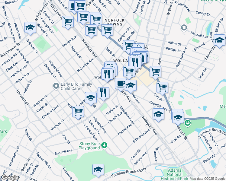 map of restaurants, bars, coffee shops, grocery stores, and more near 105 Beale Street in Quincy