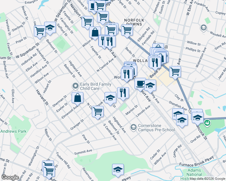 map of restaurants, bars, coffee shops, grocery stores, and more near 275 Farrington Street in Quincy