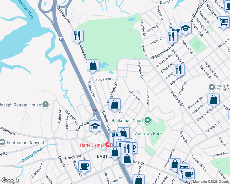 map of restaurants, bars, coffee shops, grocery stores, and more near 23 Denmark Avenue in Milton