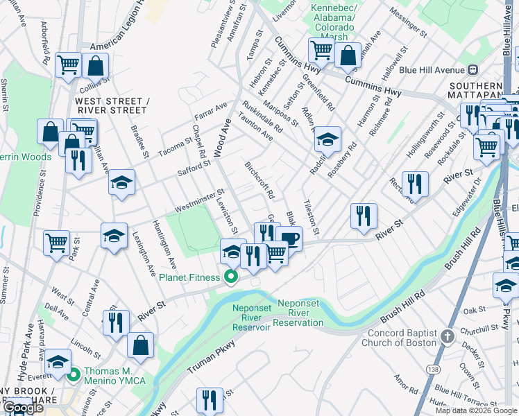 map of restaurants, bars, coffee shops, grocery stores, and more near 21 Joyce Road in Boston