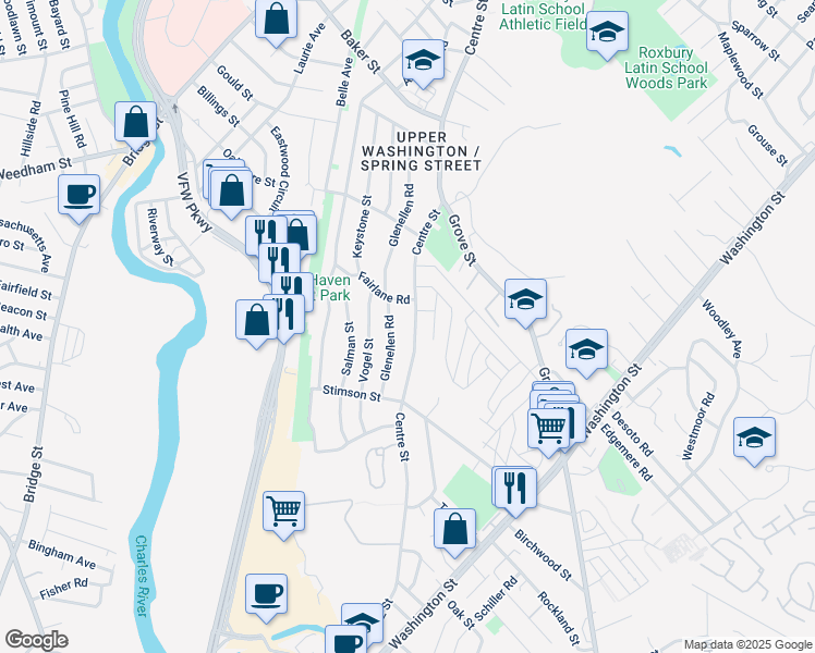 map of restaurants, bars, coffee shops, grocery stores, and more near 2489 Centre Street in Boston
