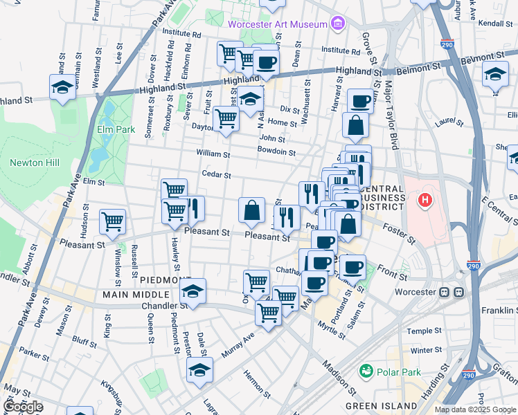 map of restaurants, bars, coffee shops, grocery stores, and more near 50 Elm Street in Worcester