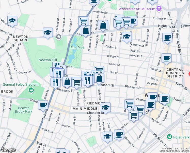 map of restaurants, bars, coffee shops, grocery stores, and more near 96 Elm Street in Worcester