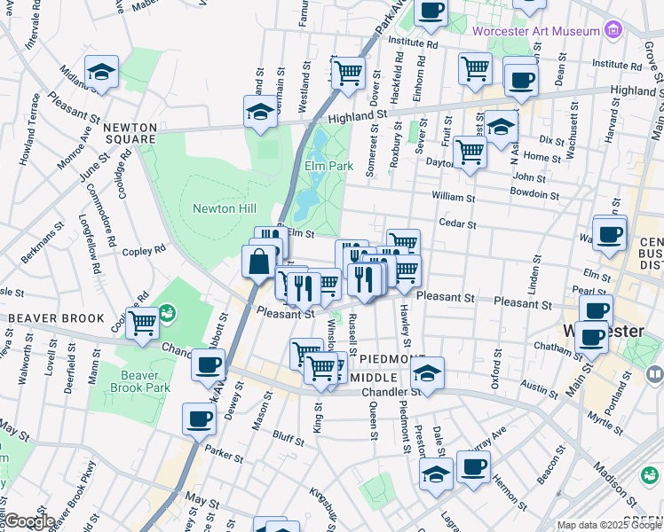 map of restaurants, bars, coffee shops, grocery stores, and more near 8 Blossom Street in Worcester