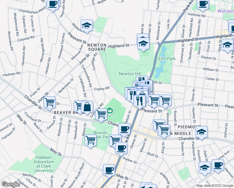 map of restaurants, bars, coffee shops, grocery stores, and more near 598 Pleasant Street in Worcester