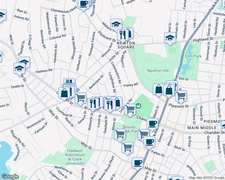 map of restaurants, bars, coffee shops, grocery stores, and more near 59 Longfellow Road in Worcester