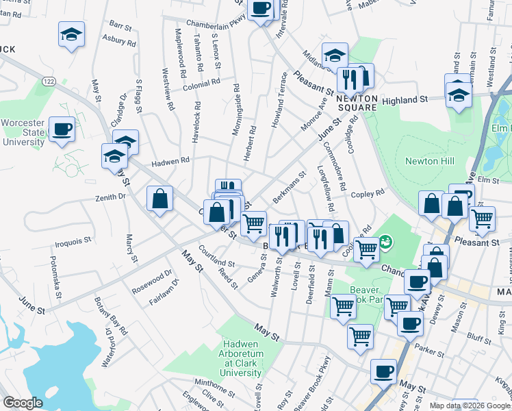 map of restaurants, bars, coffee shops, grocery stores, and more near in Worcester