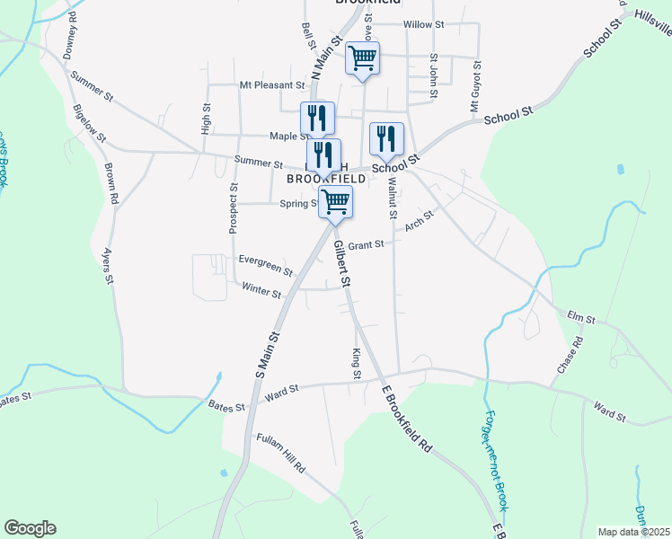 map of restaurants, bars, coffee shops, grocery stores, and more near 19 Gilbert Street in North Brookfield