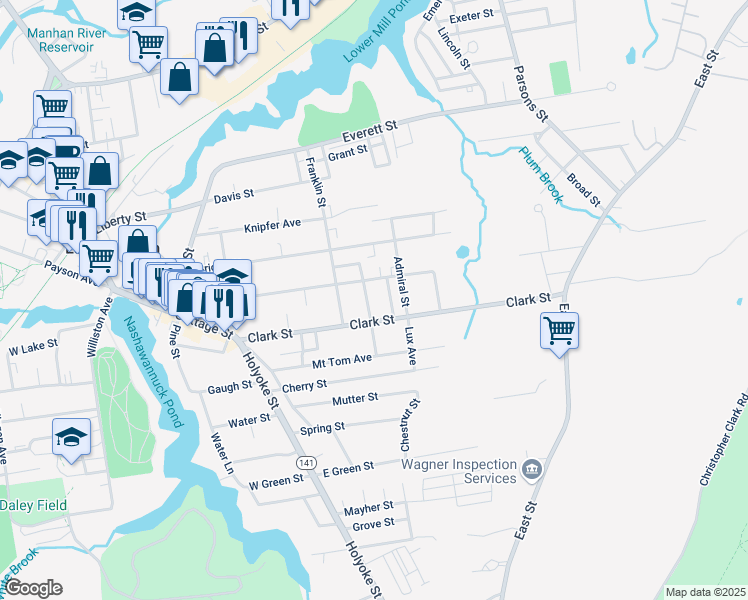 map of restaurants, bars, coffee shops, grocery stores, and more near 88 Maple Street in Easthampton