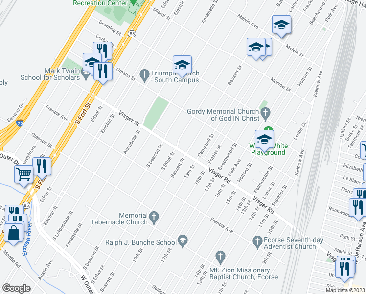 map of restaurants, bars, coffee shops, grocery stores, and more near 2721 South Ethel Street in Detroit