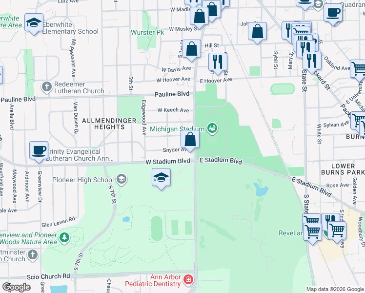 map of restaurants, bars, coffee shops, grocery stores, and more near 305 Berkley Avenue in Ann Arbor