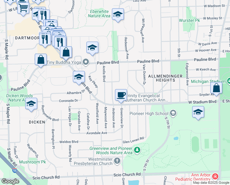 map of restaurants, bars, coffee shops, grocery stores, and more near 1319 Ardmoor Avenue in Ann Arbor