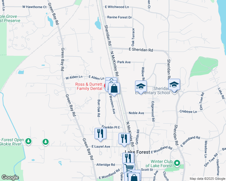 map of restaurants, bars, coffee shops, grocery stores, and more near 1415 North Western Avenue in Lake Forest