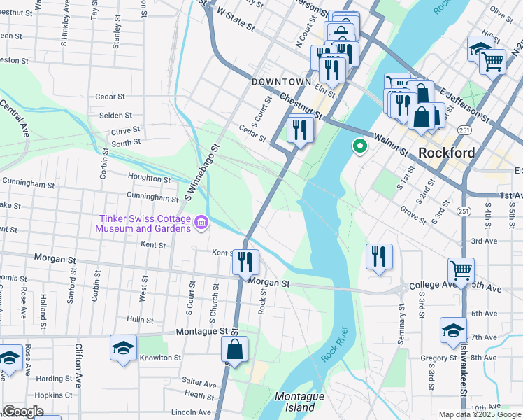 map of restaurants, bars, coffee shops, grocery stores, and more near 639 South Main Street in Rockford