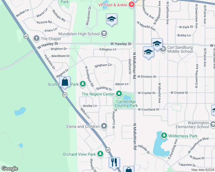 map of restaurants, bars, coffee shops, grocery stores, and more near 1327 Marlbourgh Court in Mundelein