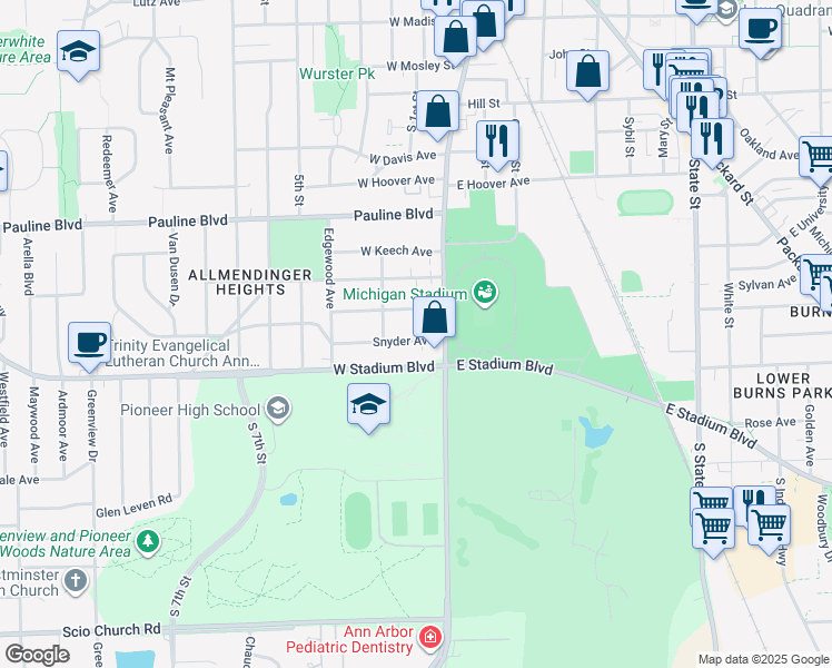 map of restaurants, bars, coffee shops, grocery stores, and more near 305 Berkley Avenue in Ann Arbor