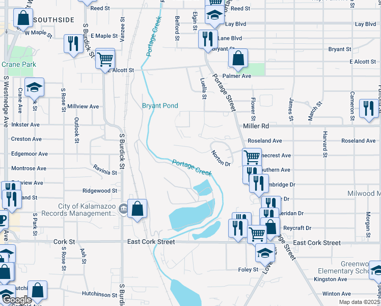 map of restaurants, bars, coffee shops, grocery stores, and more near 527 Homecrest Avenue in Kalamazoo