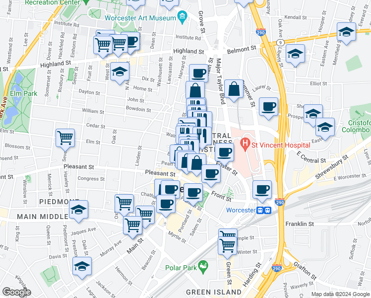 map of restaurants, bars, coffee shops, grocery stores, and more near 344 Main Street in Worcester
