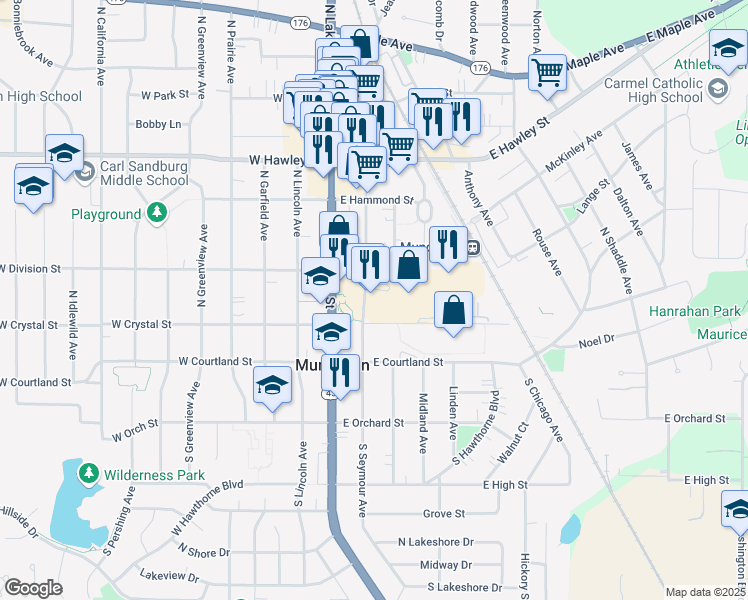 map of restaurants, bars, coffee shops, grocery stores, and more near 167 North Seymour Avenue in Mundelein