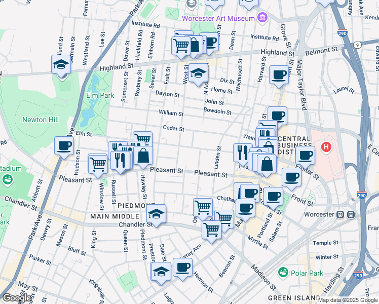 map of restaurants, bars, coffee shops, grocery stores, and more near 58 Elm Street in Worcester