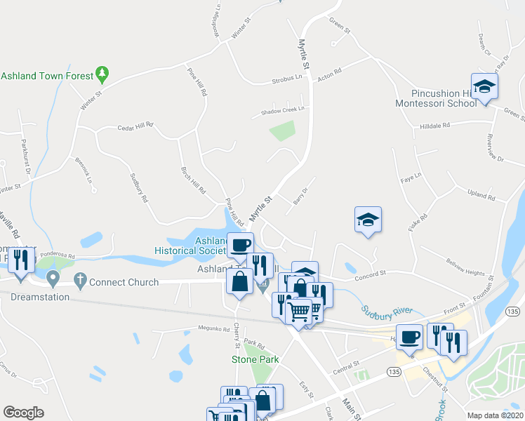 map of restaurants, bars, coffee shops, grocery stores, and more near 71-73 Raymond Marchetti Street in Ashland