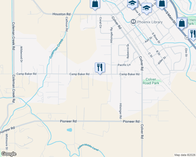 map of restaurants, bars, coffee shops, grocery stores, and more near 1705 Camp Baker Road in Medford