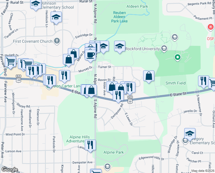map of restaurants, bars, coffee shops, grocery stores, and more near 210 Ridgeview Avenue in Rockford